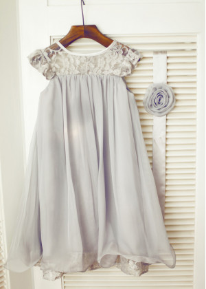Gray Lace Chiffon Knee Length Boho Beach Airy Flower Girl Dress